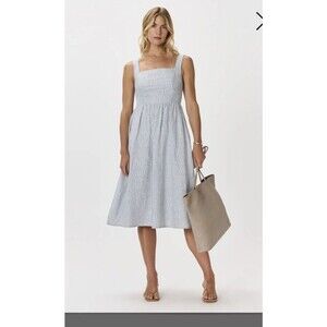 Quince 100% European Linen Fit & Flare Midi Dress Blue Pin Stripe Medium NWT